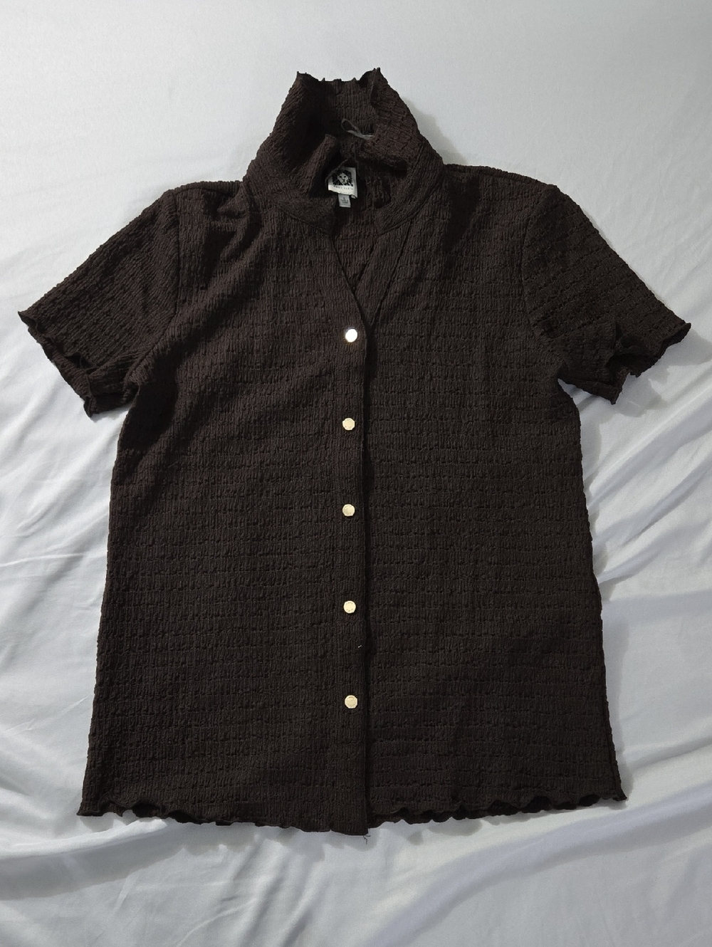 Anne Klein Dark Brown Short Sleeve Button-Down Top with Ruffled Collar